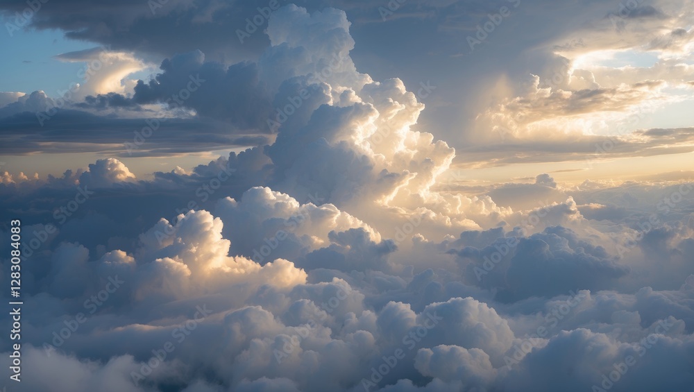 Aufkleber Majestic cloudscape with vibrant sunlight filtering through dramatic cumulus clouds creating a serene and uplifting atmosphere in the sky
