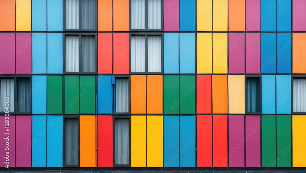 Poster Vibrant multicolored building facade featuring vertical panels and large windows creating a lively urban aesthetic.