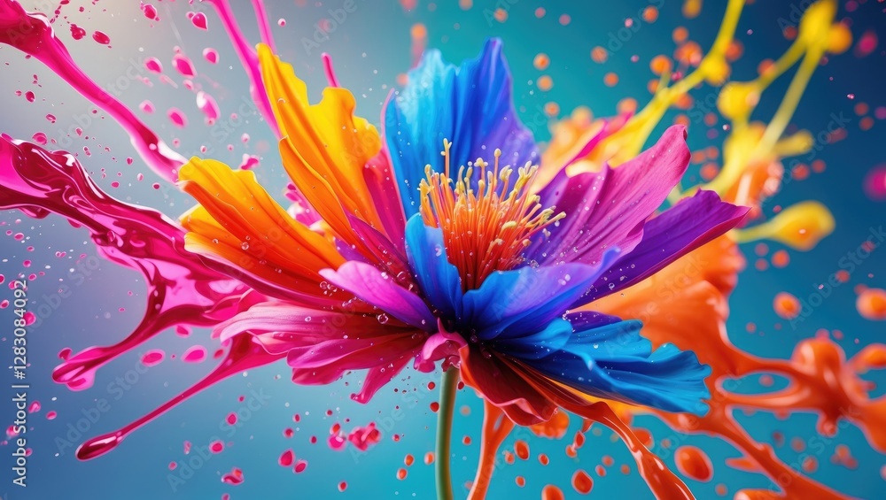 Poster Vibrant abstract flower design with colorful paint splashes creating a lively and energetic visual effect suitable for various creative projects.