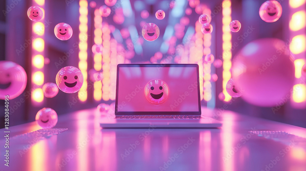 Poster interactive technology with laptop and floating emoji bubbles in modern setting