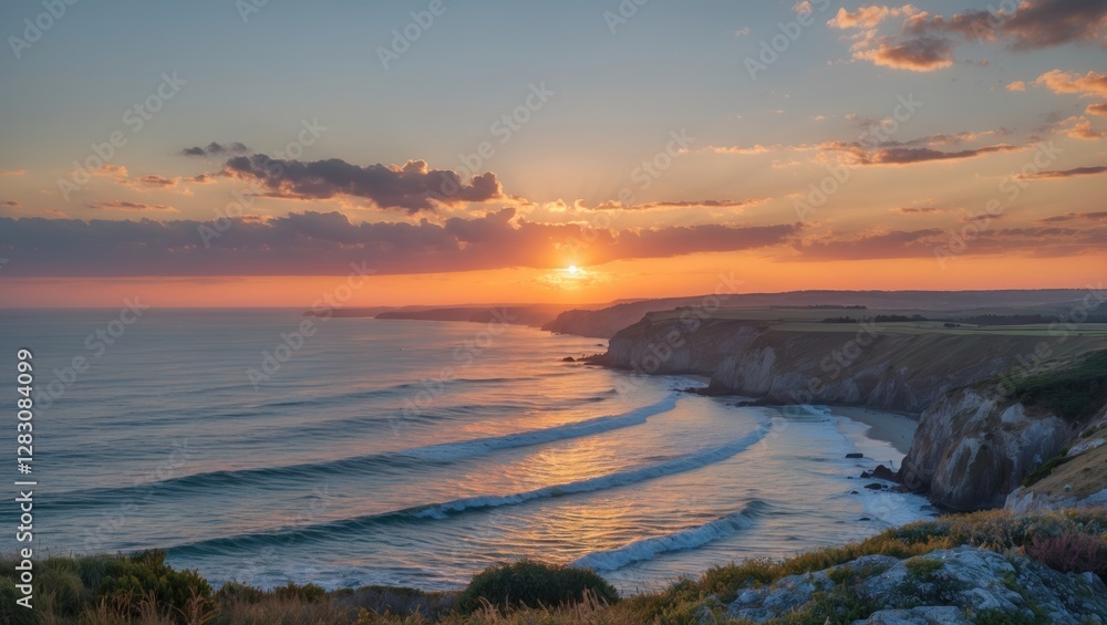 Poster serene coastline at sunset with gentle waves and vibrant sky ideal for text overlay and background a