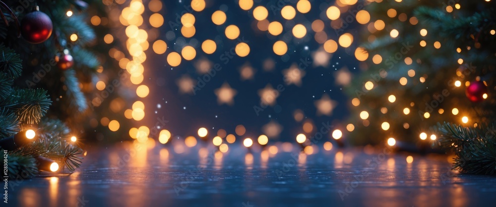Poster festive holiday bokeh background with glowing christmas lights and softly blurred ornaments creating