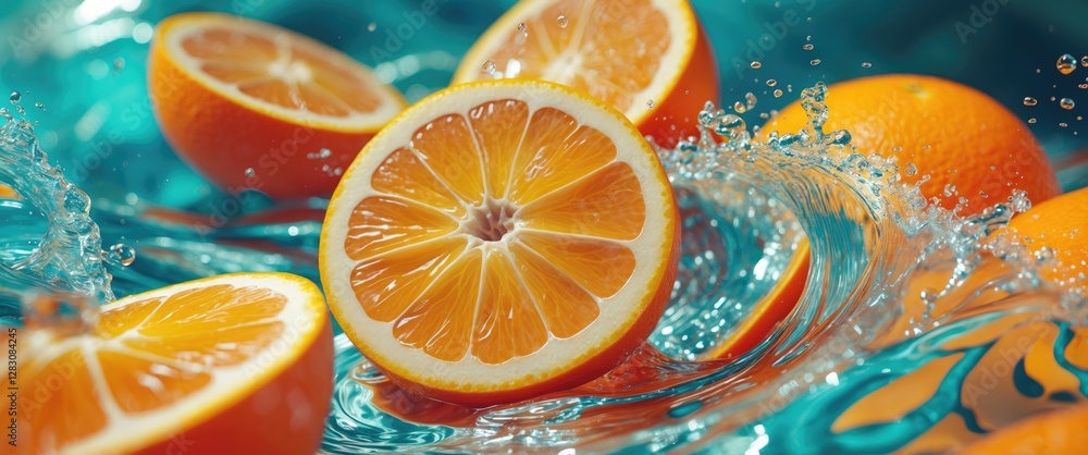 Aufkleber Vibrant orange slices surrounded by splashing water creating a refreshing and dynamic health-focused visual.
