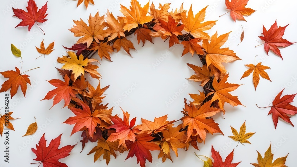 Poster autumn leaves arranged in a circular wreath on a white background with scattered leaves in various f