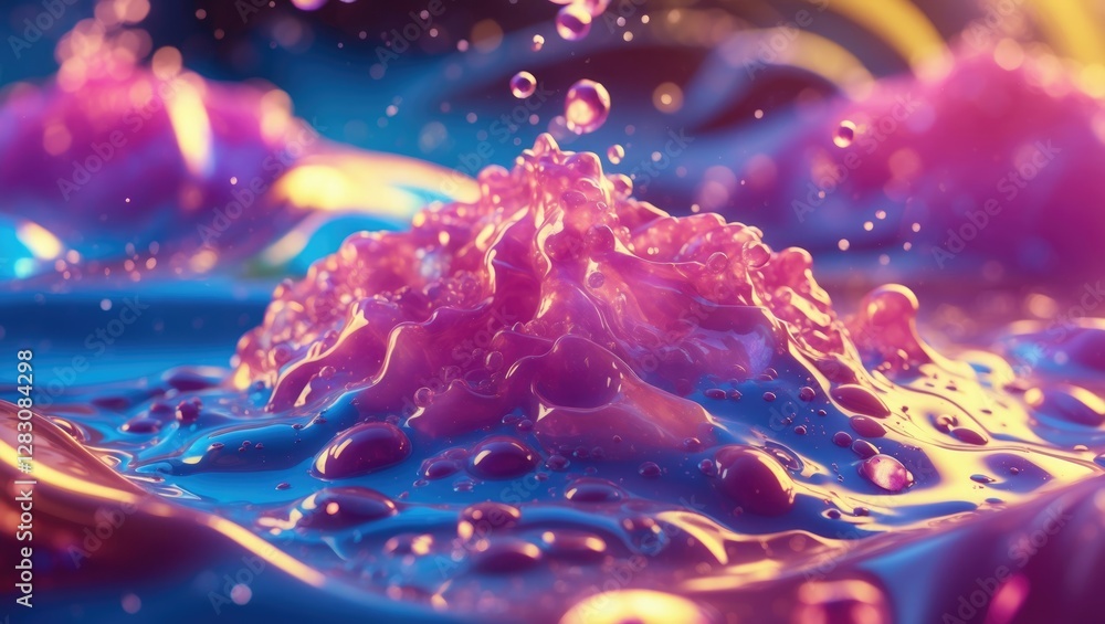 Poster vibrant close-up of creamy lotion and shampoo textures with colorful bubbles and waves reflecting li