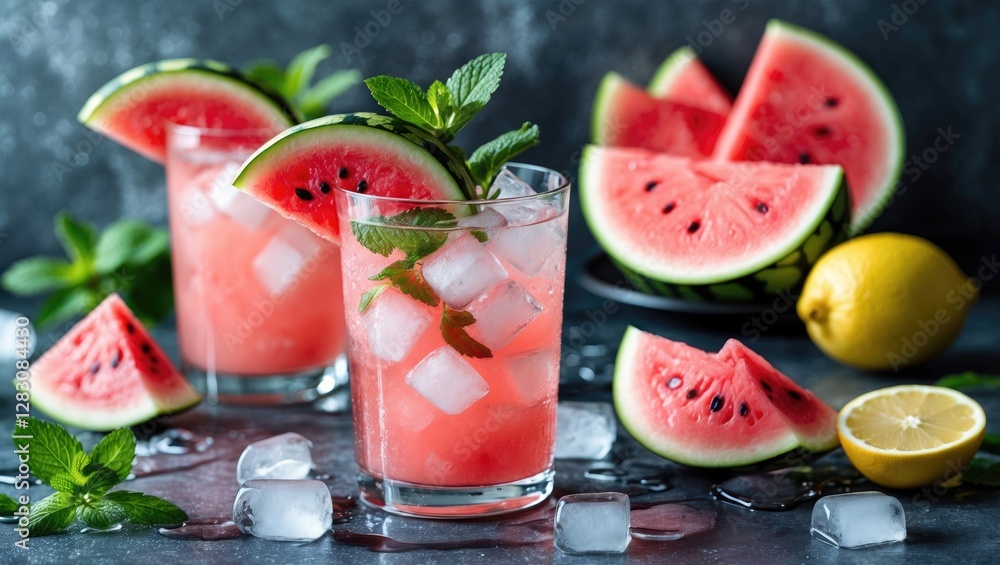 Aufkleber refreshing watermelon lemonade with ice and mint fresh slices and lemon on dark background perfect f