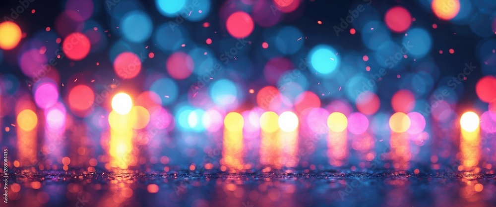 Poster colorful abstract bokeh background with vibrant lights and reflections on a wet surface in a blurred