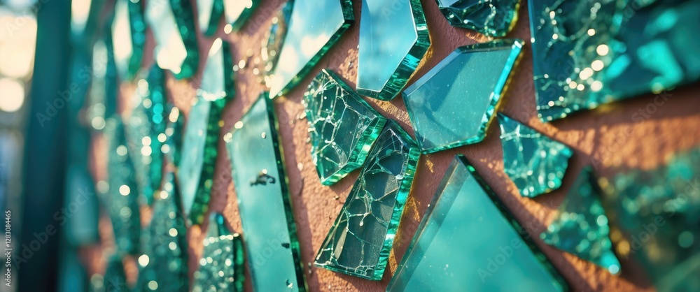Poster Close up view of shattered glass fragments reflecting light on a textured wall surface creating a unique abstract composition.