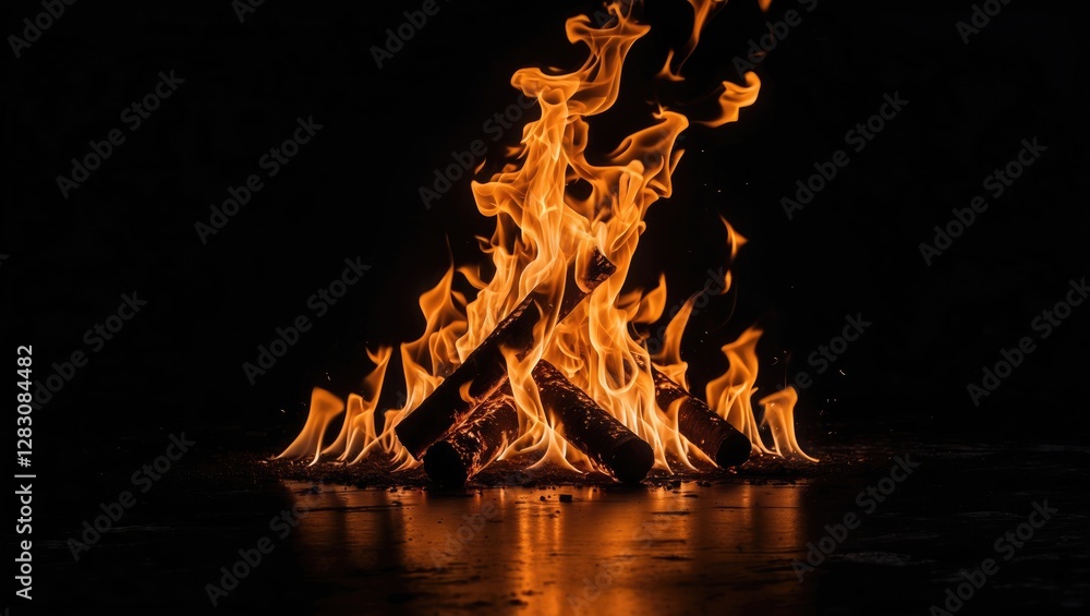 Aufkleber campfire flames with logs burning in dark background creating warm glow and dynamic fire patterns