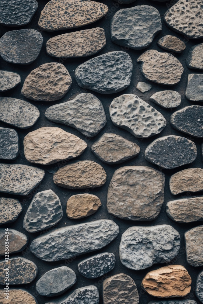 Aufkleber Textured cobblestone wall background with various shapes and colors ideal for rustic design, architecture projects and natural aesthetics.