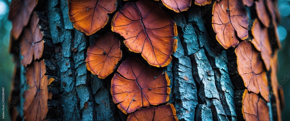 Poster Textured tree bark with vibrant orange leaves creating a natural background for environmental or botanical themes in design.
