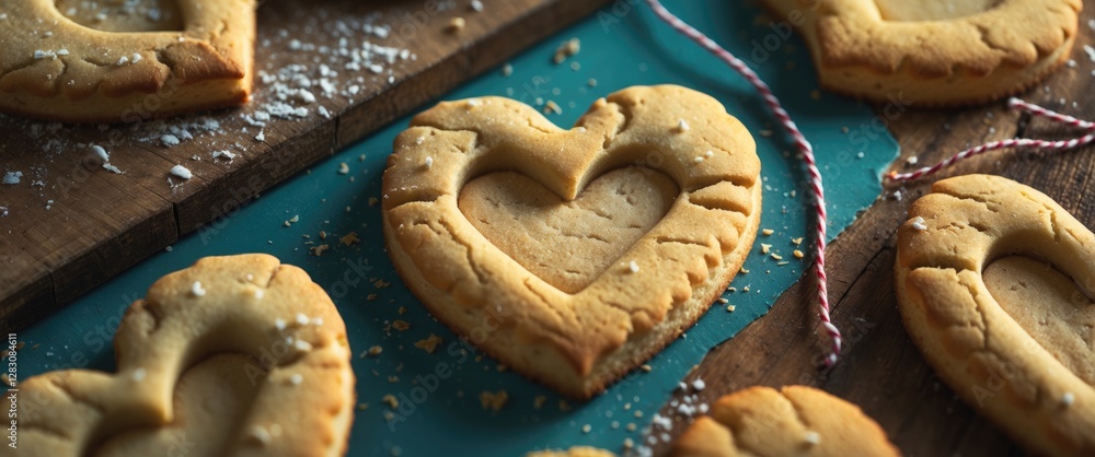Poster Heart-shaped cookies with textured details on a wooden board background, garnished with a colorful string for a festive touch.