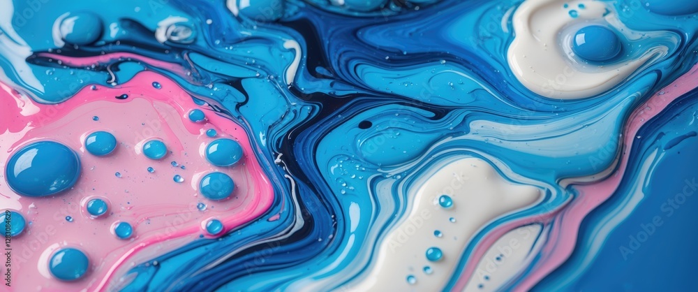 Poster abstract fluid art with swirls of blue, pink and white paint creating a vibrant colorful background 