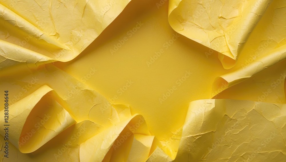 Poster crinkled yellow paper background with textured folds forming an abstract design creating visual inte