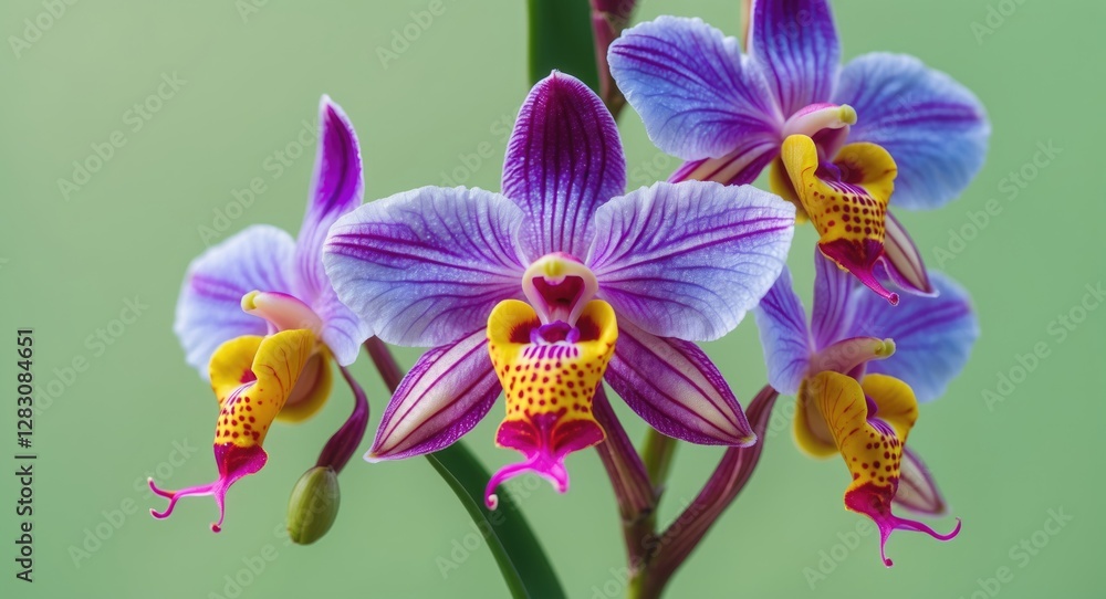 Aufkleber Close-up of vibrant orchids with intricate patterns and colors, set against a soft green background for a tranquil botanical aesthetic.