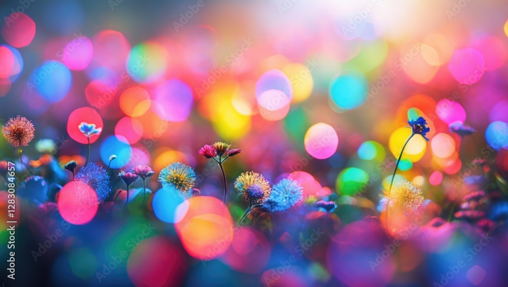Poster colorful bokeh background with vibrant flowers in a soft focus creating a dreamy and magical atmosph