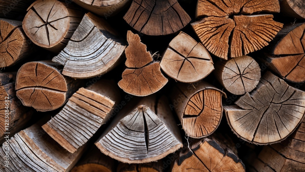 Poster textured close-up of assorted firewood logs showcasing natural wood grain and circular patterns idea