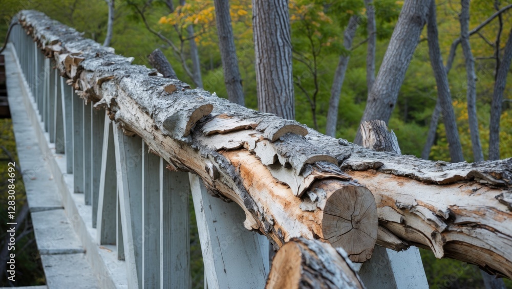 Poster wooden railing on a bridge with natural bark texture surrounded by trees and greenery in a serene fo