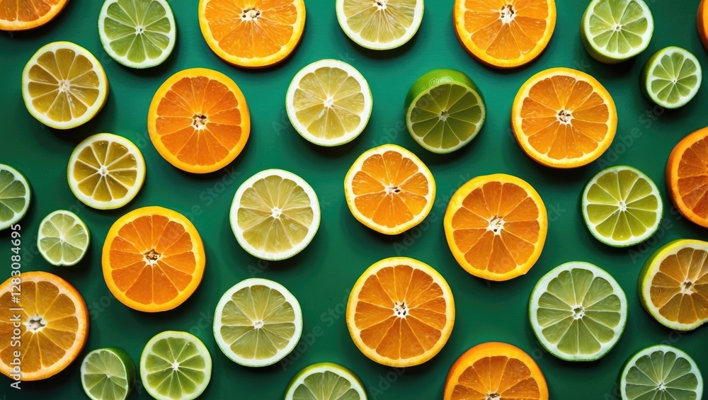 Poster Citrus fruit slices in vibrant colors arranged on a green background for a refreshing and cheerful pattern design or culinary concept.