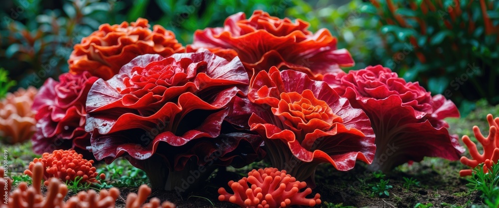 Poster vibrant closeup of red coral lettuce in a lush garden setting highlighting its intricate textures an