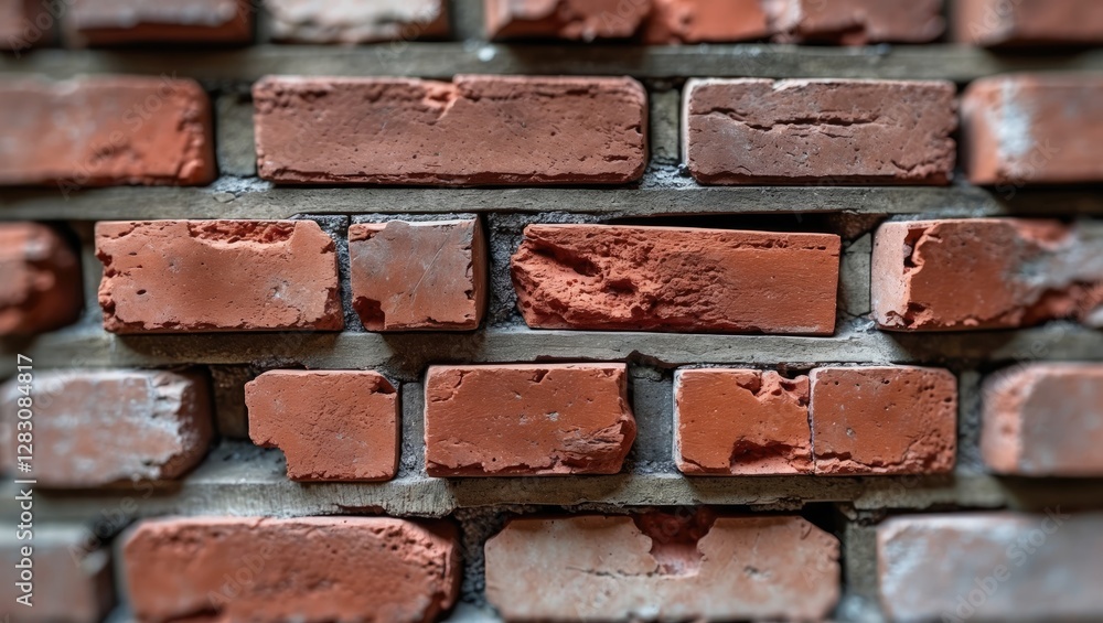 Poster close-up view of aged red brick wall showing texture and variations in brick color and surface with 