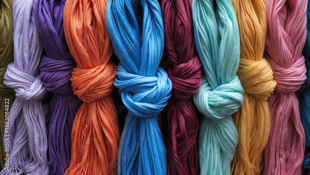 Poster vibrant close-up of knotted colorful scarves arranged in neat rows showcasing texture and rich color