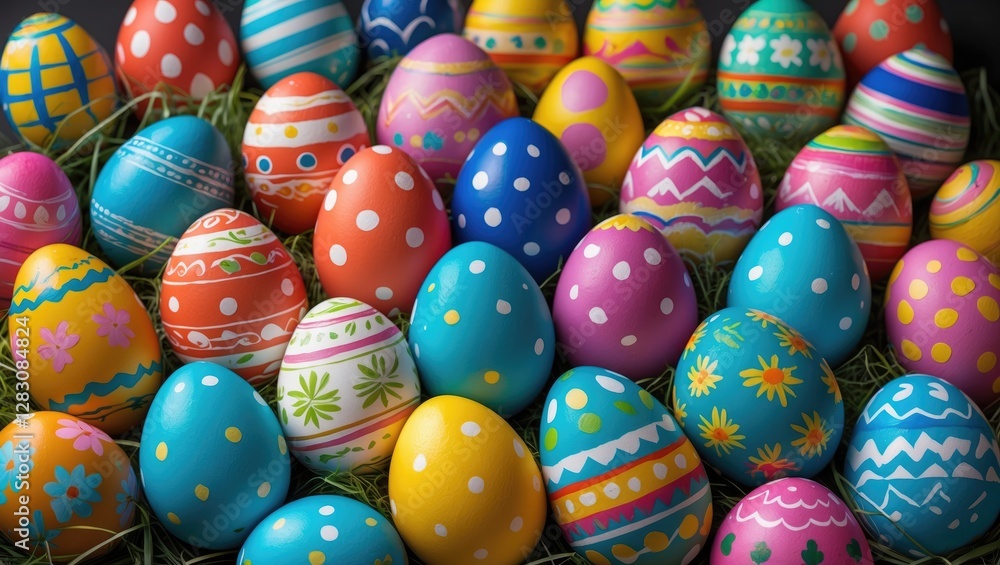 Poster vibrant collection of intricately decorated easter eggs arranged on green grass creating a colorful 