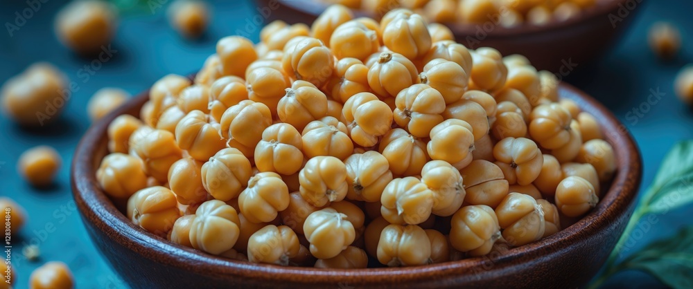 Aufkleber chickpeas in wooden bowls with a close-up view showcasing their texture and color against a blue bac