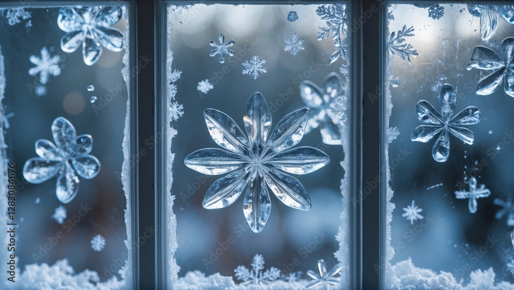 Poster frozen winter window design with intricate ice flowers and snowflakes in a close-up shot showcasing 