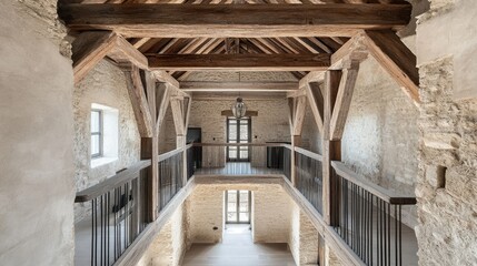 Obraz premium Exposed wooden trusses forming the roof structure of a traditional house