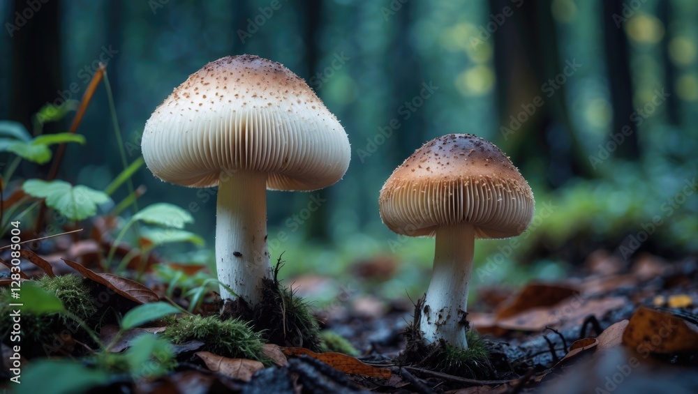 Poster mushrooms growing in a lush forest environment with soft focus on surrounding foliage and fallen lea