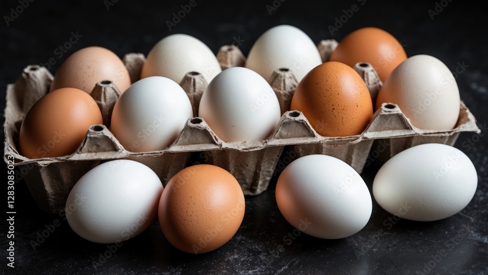 Poster fresh chicken eggs in various colors displayed in a cardboard carton on a dark background highlighti