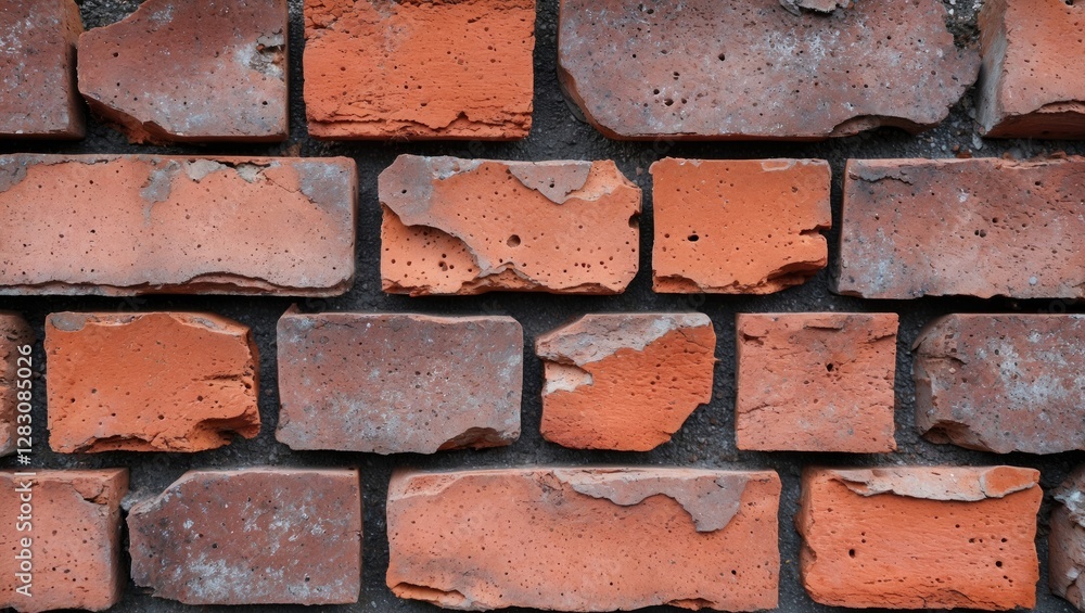 Poster textured red brick wall with uneven surfaces and weathered appearance creating a rustic background.