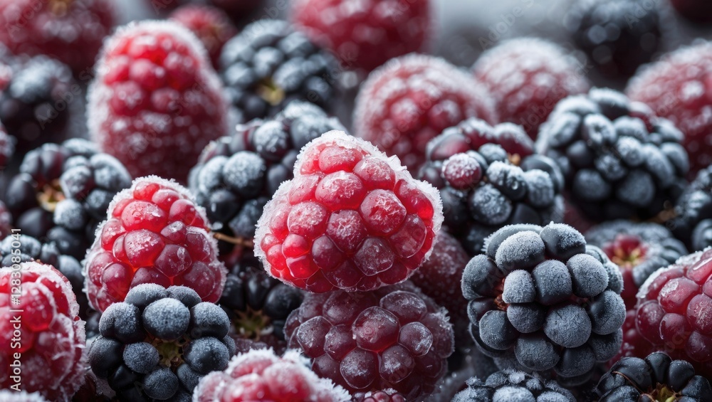 Poster fresh frozen blackberries and raspberries with a frosty coating on a vibrant background showcasing t