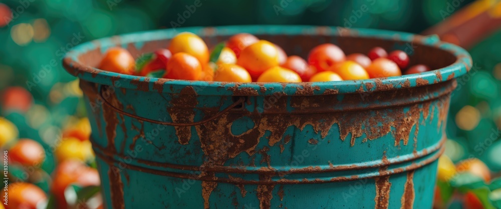 Poster rusty vintage bucket filled with colorful fruits surrounded by a lush garden creating a nostalgic an