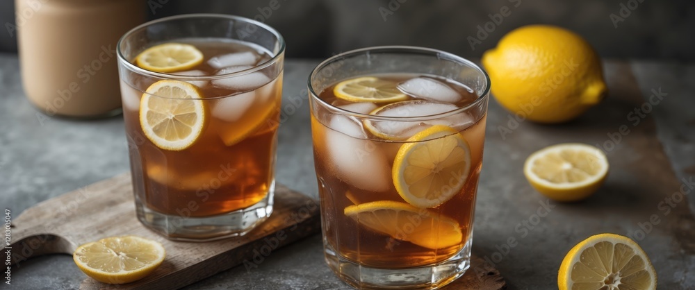 Poster iced tea with lemon slices in two glasses on a rustic wooden surface with whole lemon and cut lemon 