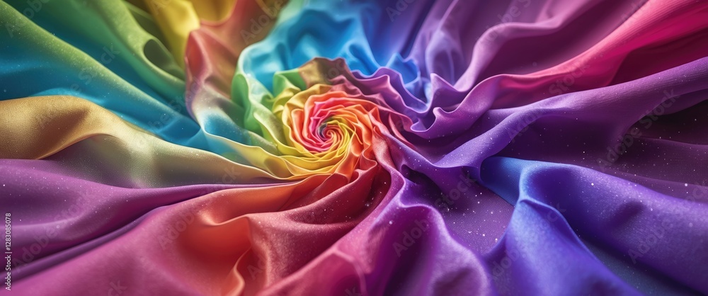 Aufkleber Colorful swirling fabric spiraling into a vibrant gradient background showcasing an array of rich hues and smooth textures