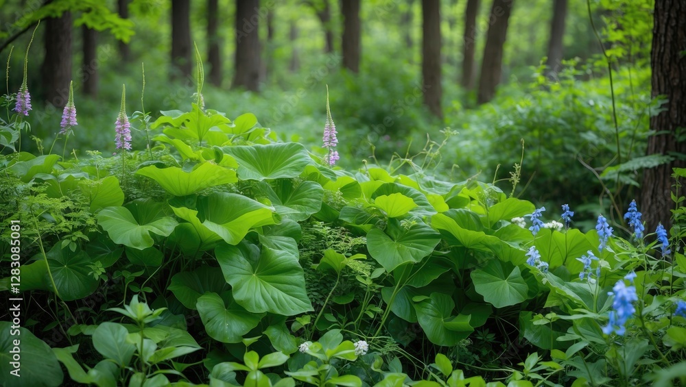Poster lush green foliage with blooming flowers in a dense forest setting with soft natural light and ample