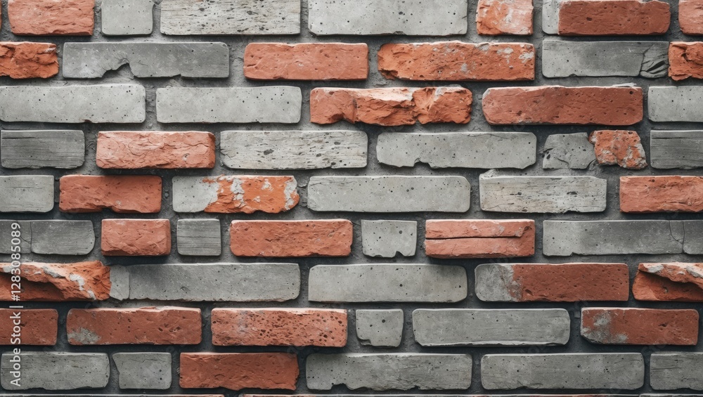 Poster red and gray brick wall texture with rough surfaces and irregular placements of bricks in a horizont