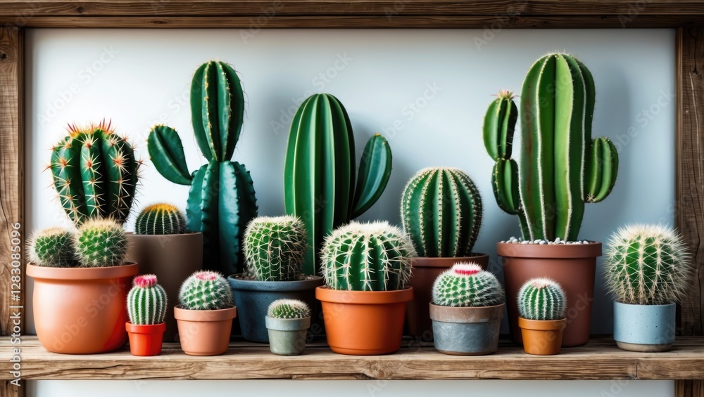 Poster assorted cacti in various pots displayed on a wooden shelf with natural lighting and neutral backgro