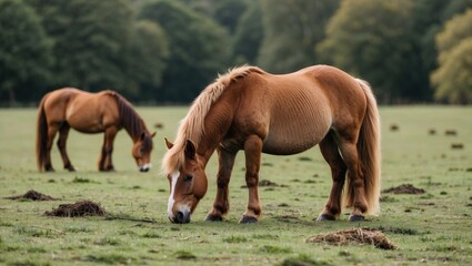 Fototapeta premium Horses grazing peacefully in a green pasture with lush grass and trees in the background Copy Space