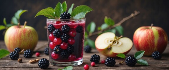 Fruit smoothie with blackberries and cranberries in glass surrounded by fresh apples and leaves on wooden table Copy Space