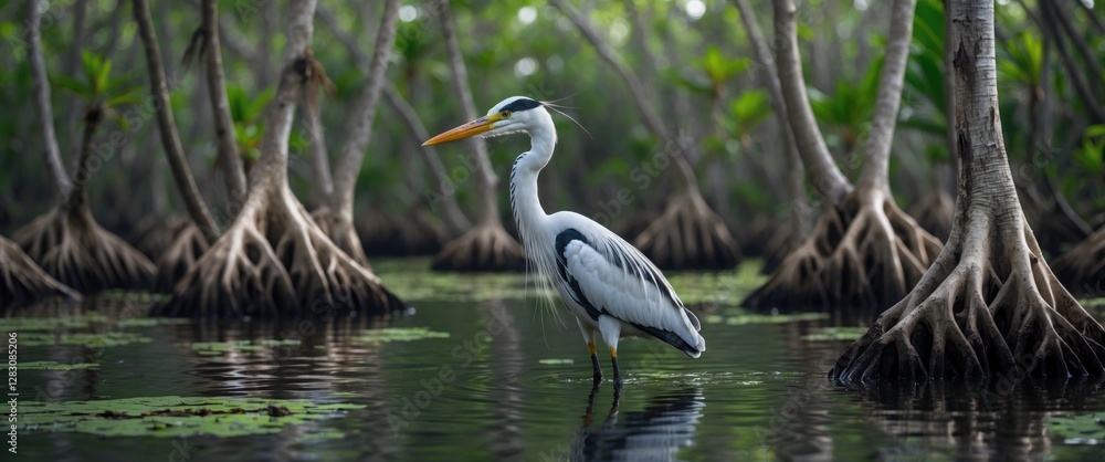 Poster heron standing in a mangrove forest with visible roots reflected in calm water copy space