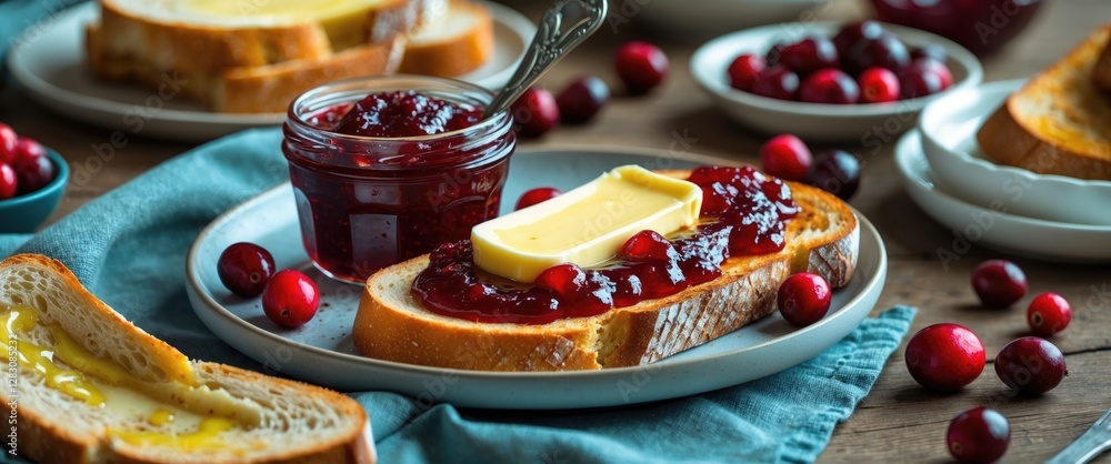 Poster breakfast table setting featuring slices of bread with butter and cranberry jam, surrounded by fresh