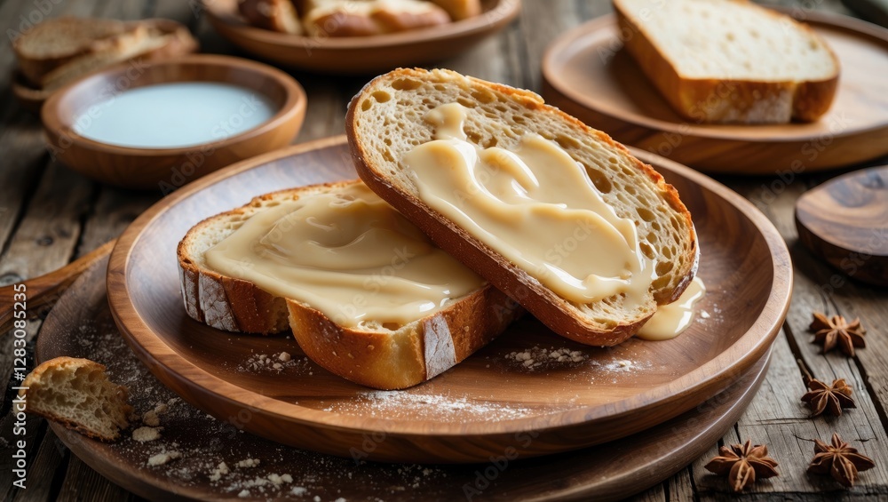 Poster sliced bread topped with creamy spread on wooden plate with additional food items in background and 