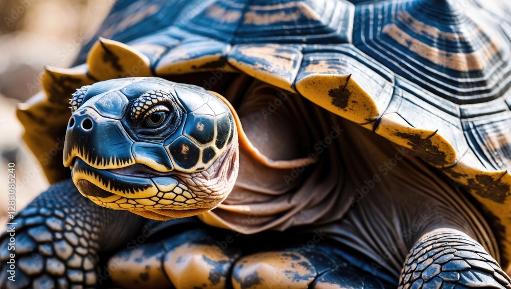 Poster Detailed close-up of a tortoise showcasing intricate carapace patterns and textures in natural lighting, highlighting its unique features.