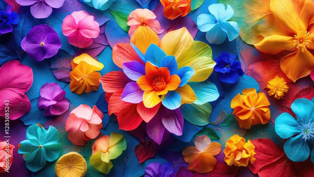 Poster Vibrant floral background with an array of colorful petals and blossoms creating a lively and cheerful atmosphere in a flat lay composition