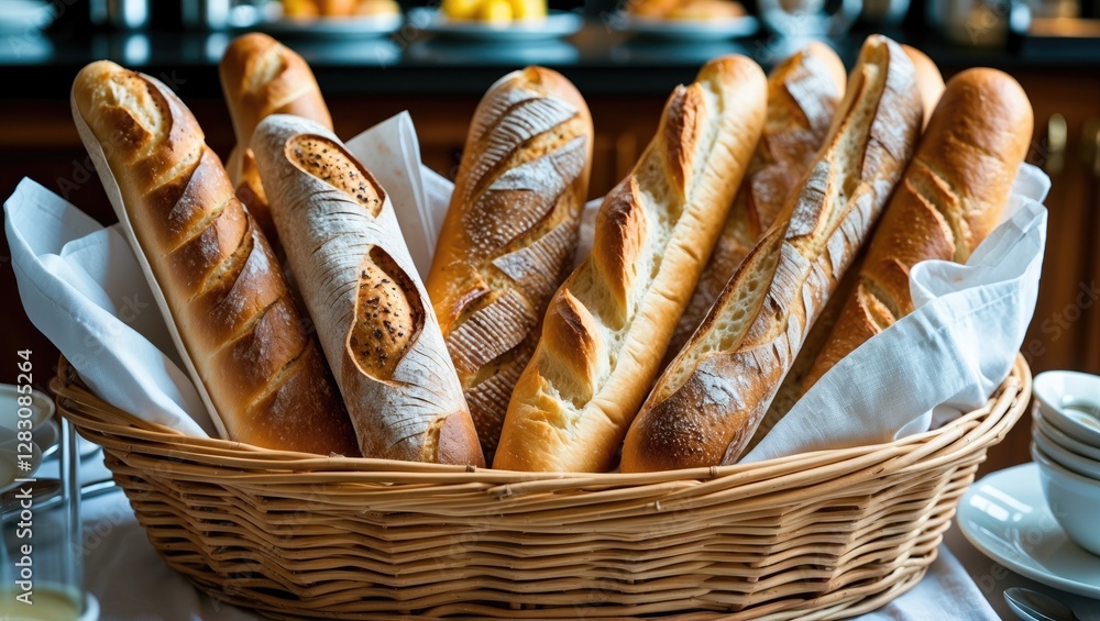 Poster assorted artisan bread loaves in a woven basket displayed on a dining table with a blurred backgroun