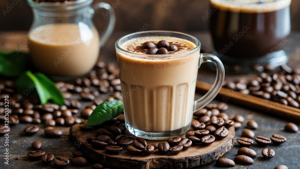 Poster Delicious Coffee Smoothie with Coffee Beans and Leaf on Wooden Surface Empty Space for Text