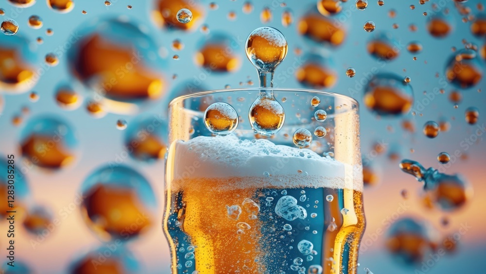 Aufkleber close up of refreshing beer glass with bubbles against a blurred background highlighting droplets an